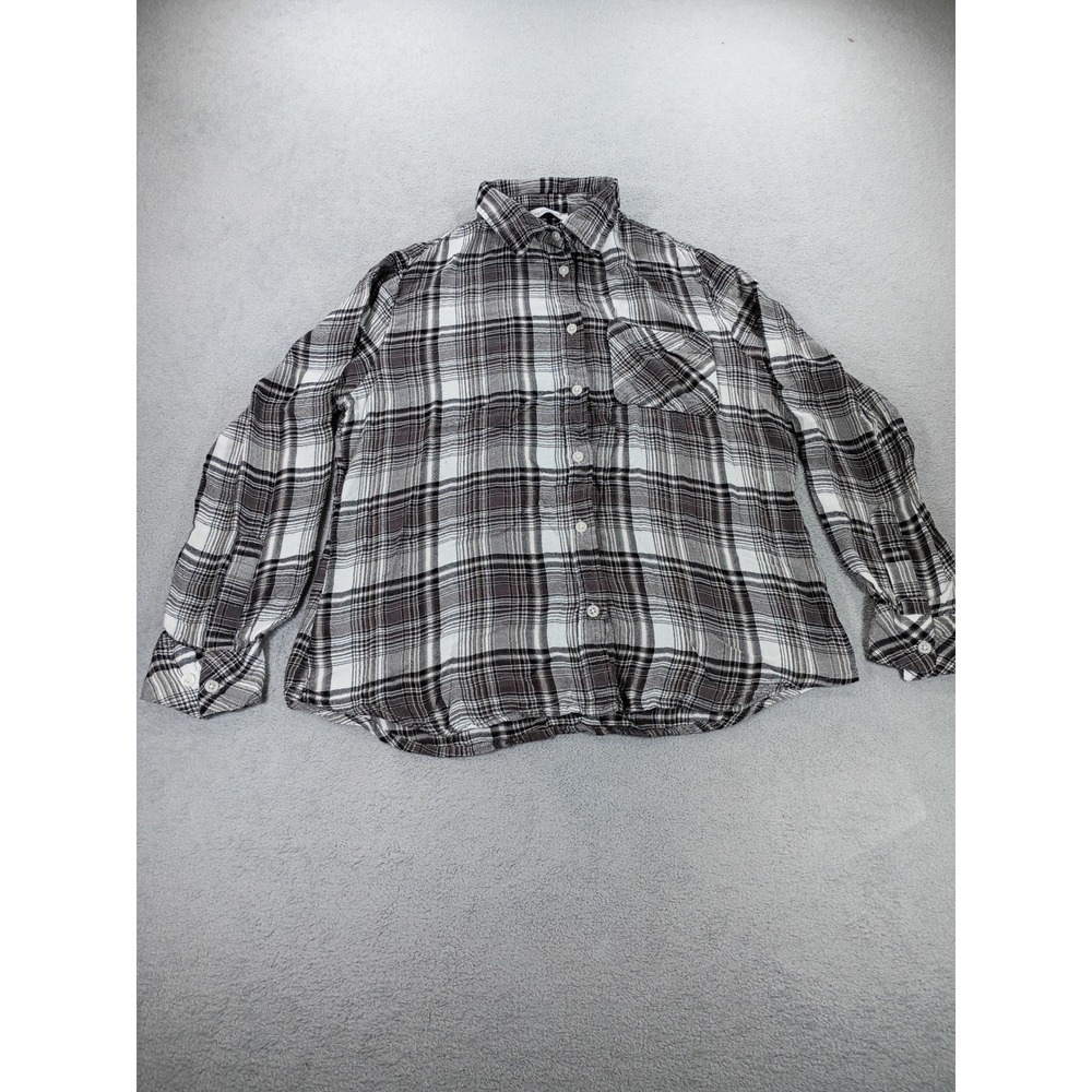 Keren Hart Womens Plaid Button Down Shirt Brown White Small Rayon Long Sleeve